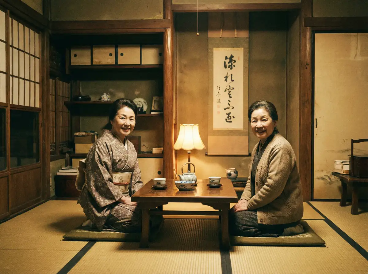 两位优雅的 四虎影视 1 在日式茶室中品茶交谈